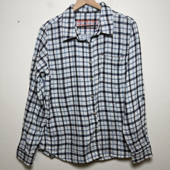 dovetails Tops - Dovetails Workwear Women Givens Work Shirt Stretch Flannel Large White Blue Plai